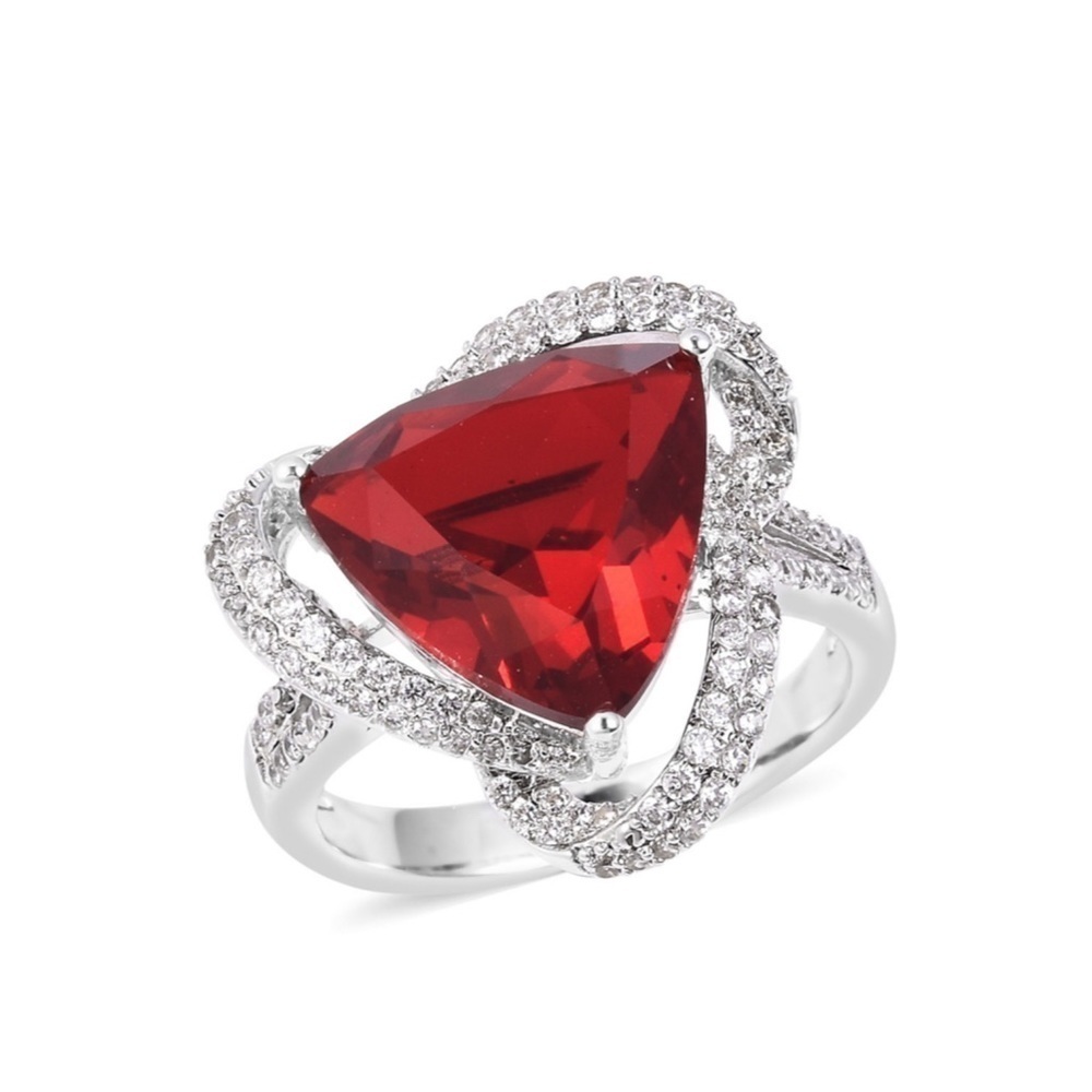 Red CZ Quartz, & Diamond Ring in Silvertone